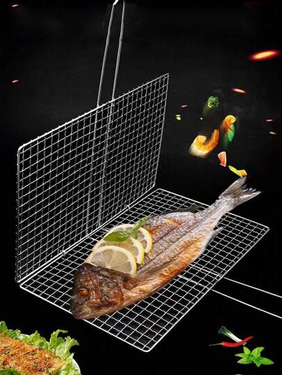 1pc Stainless Steel Barbecue Net, Barbecue Fish Clip With Thickened Grid & Fine Mesh, & Sturdy For Grilling Leek & Golden Needle Mushroom