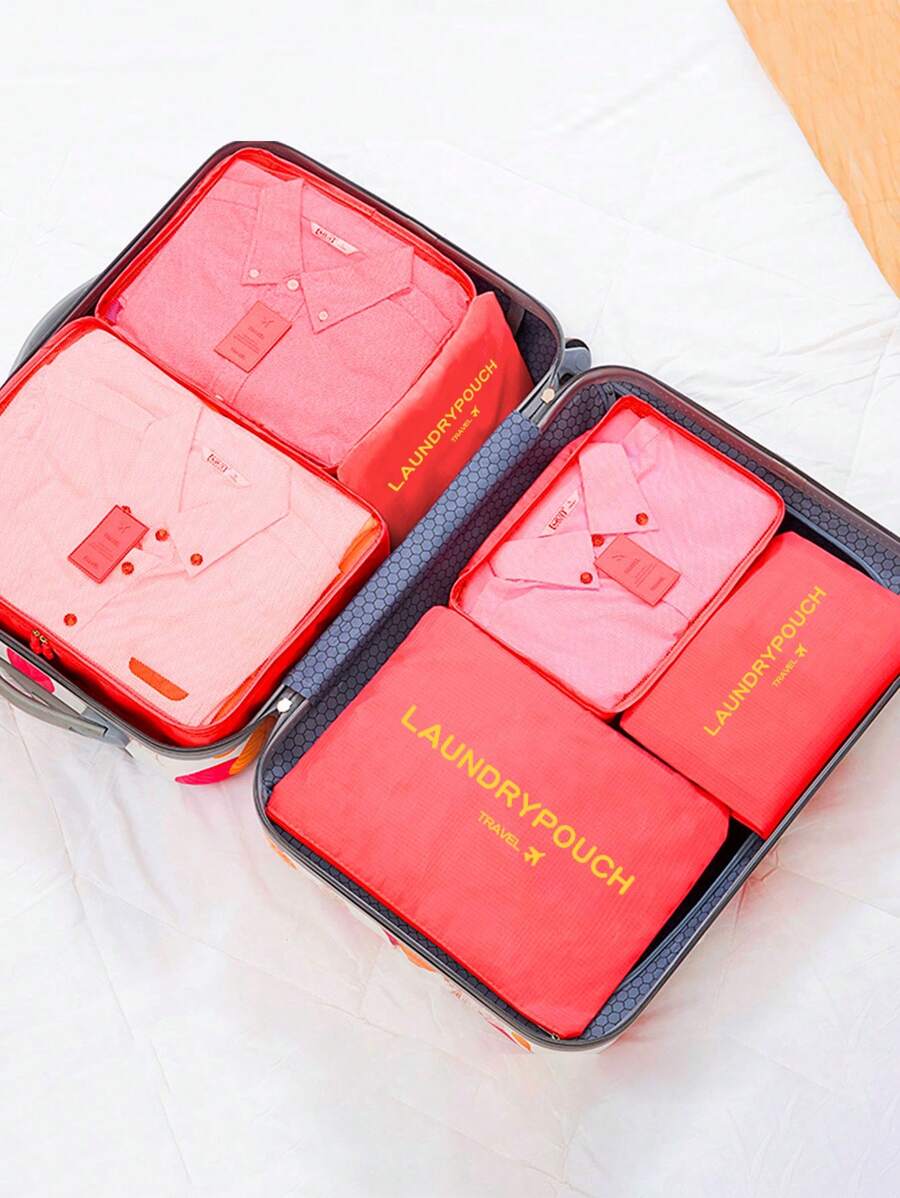 6pcs/set Packing Cubes For Travel , Patch Decor Travel Organizer Compression Bags For Travel Storage Bag For Luggage - Watermelon Pink - View 1