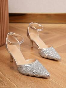 Silver Glitter Ankle Strap Pointed Toe High-heeled Sandals With Hollow Out Design, Spring And Autumn New Style - Silver - View 9