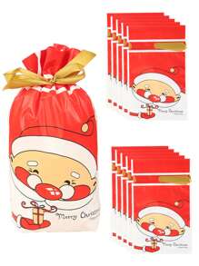 10pcs Christmas Drawstring Gift Bags, Lovely Cartoon Deer And Snowman Pattern Packaging Pouches With Ribbon For Fruit, Small Gifts, Party Favors - Multicolor - View 1