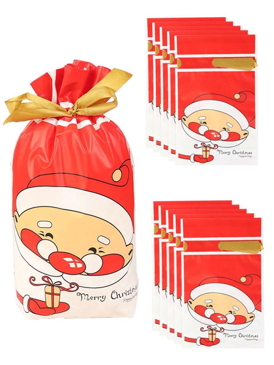 10pcs Christmas Drawstring Gift Bags, Lovely Cartoon Deer And Snowman Pattern Packaging Pouches With Ribbon For Fruit, Small Gifts, Party Favors - Multicolor - View 1