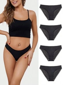 4pcs/set Lace Floral Triangle Panties - Black - View 1