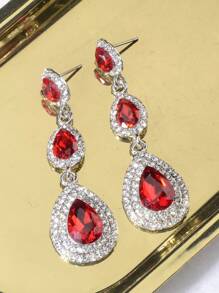 1 Pair Ruby Red Rhinestone Decor Earrings Big Fashion Statement Teardrop Crystal Dangle Drop Earrings For Women Girls Brides Bridesmaids Bridal Wedding Party Prom Pageant Costume Jewelry - Đỏ - Xem 2
