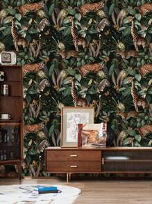 1pc 17.7in*78.7in Forest Green Leaf Wallpaper With Peel And Stick Giant Animal Wall Mural Featuring Giraffe, Zebra, Leopard And Elephant, Waterproof Removable Home Decoration - Black - View 1