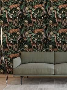1pc 17.7in*78.7in Forest Green Leaf Wallpaper With Peel And Stick Giant Animal Wall Mural Featuring Giraffe, Zebra, Leopard And Elephant, Waterproof Removable Home Decoration - Black - View 2