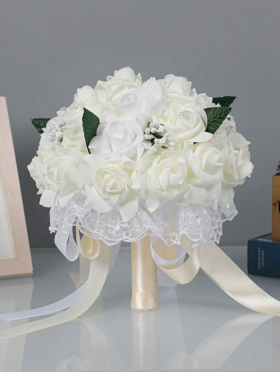1pc Wedding Bouquets Flower Bridal Bridesmaid Hand Bouquet Faux Pearl Silk Artificial Fake Flowers For Bride Wedding Party And (White) Best Gifts,Wedding Decor,Home Decor ,Room Decor Birthday Graduation Birthday Decorations Party Decorations Bachelorette