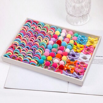 120 件裝女孩可愛甜美蝴蝶結和球形髮帶套裝,糖果色和毛巾環圖案,高彈性