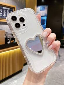 1个银色水钻心形镜面+透明奶油色图案手机壳，兼容苹果/红米/Infinix/vivo/OPPO，防水防震防摔防刮，国际版，非国内版 - 無色 - 查看 4