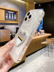 1个银色水钻心形镜面+透明奶油色图案手机壳，兼容苹果/红米/Infinix/vivo/OPPO，防水防震防摔防刮，国际版，非国内版 - 無色 - 查看 3