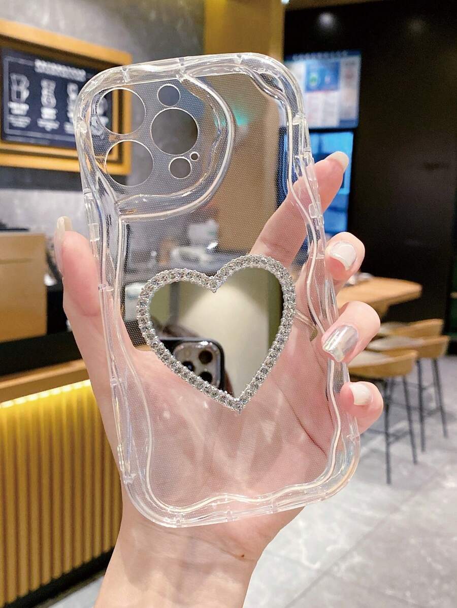 1 Silver Rhinestone Heart Shaped Mirror + Transparent Cream Pattern Phone Case Compatible With Apple/Compatible With Redmi/Compatible With Infinix/Compatible With VIVO/Compatible With OPPO Waterproof Shockproof Anti-Fall Scratch Resistant,International Version, Not The Domestic Version - Clear - View 1