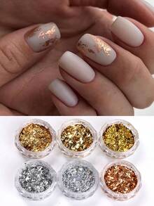 FULL BEAUTY 6盒金銀箔片套裝美甲裝飾,全息金屬亮片銀粉,鏡面效果美甲工具,適用於美甲diy設計 - 彩色 - 查看 11