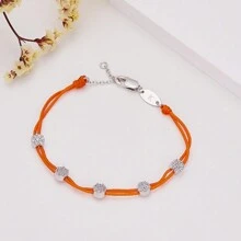 Moonmory 1條925純銀白晶石五移石頭橘色繩帶手鍊,女性聖誕禮物 0.8mm 厚度 18k 鍍金色