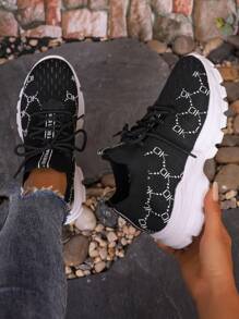 New Casual Knitted Lightweight Women Sport Shoes, Breathable Mesh Running Shoes With Soft Sole, Slip-On Design, For Autumn - Black - View 3