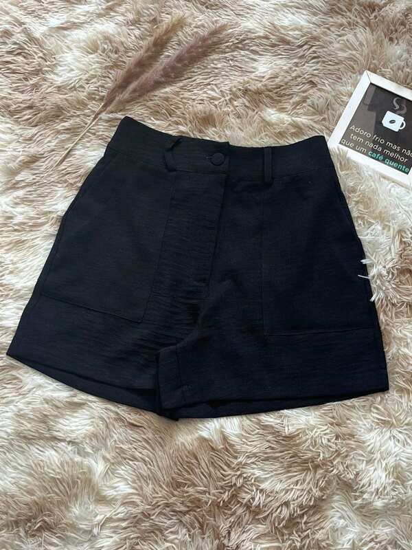 Short  Feiminino linho cintura alta casual todos combinam simples ziper com Bolso  e Botão