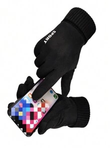 1 双女士冬季保暖内衬针织袖口绒面手套，带触摸屏功能，适合骑行户外活动 - 黑色 - 查看 4