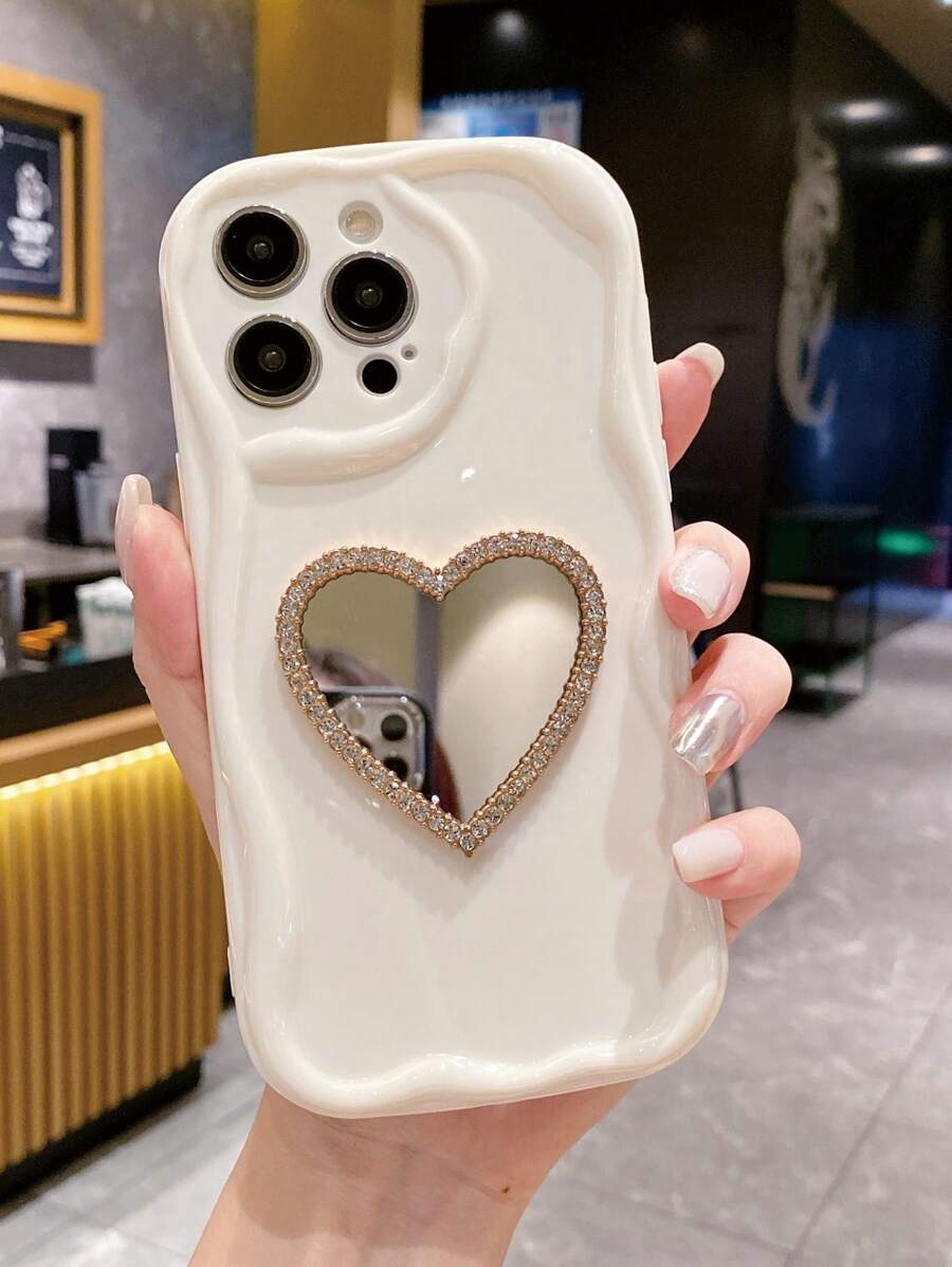 1入組金邊和鑽石裝飾的心形鏡子+具有奶油色條紋圖案的白色手機殼,兼容蘋果/三星/小米/紅米/infinix/vivo/oppo - 白色 - 查看 1
