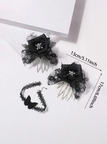 3入組女士歐美風格萬聖節骷髏頭假日模擬花裝飾頸鏈髮夾套裝