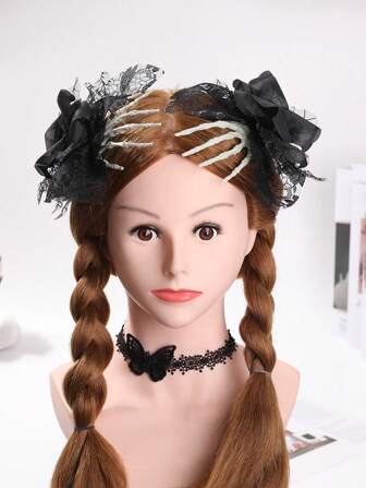 3入組女士歐美風格萬聖節骷髏頭假日模擬花裝飾頸鏈髮夾套裝