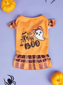 1 件宠物万圣节印花字母和格子连衣裙，猫狗服装，万圣节礼物 - 橘色 - 查看 4