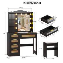 Lvifur LED Makeup Vanity Table with Charging Station,Vanity with AC Outlets & USB & Type-C Ports,4 Drawers,Hair Dryer Rack,Make Vanity Desk with 3 Color Light Bulbs Mirror via Touch Screen