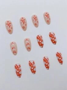 Uñas Postizas De Forma De Almendra De Longitud Media Con Diseño En Punta Francesa, Diseño De Corazón Y Seta, Uñas Acrílicas Lindas Con Acabado Brillante Para Cubrir La Uña Completa, Para Mujeres Y Niñas, Para Hacerse La Manicura En El Nuevo Año - Multicolor - Ver 3