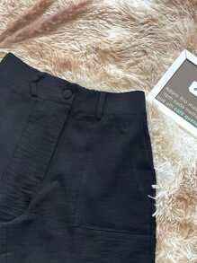 Short  Feiminino linho cintura alta casual todos combinam simples ziper com Bolso  e Botão