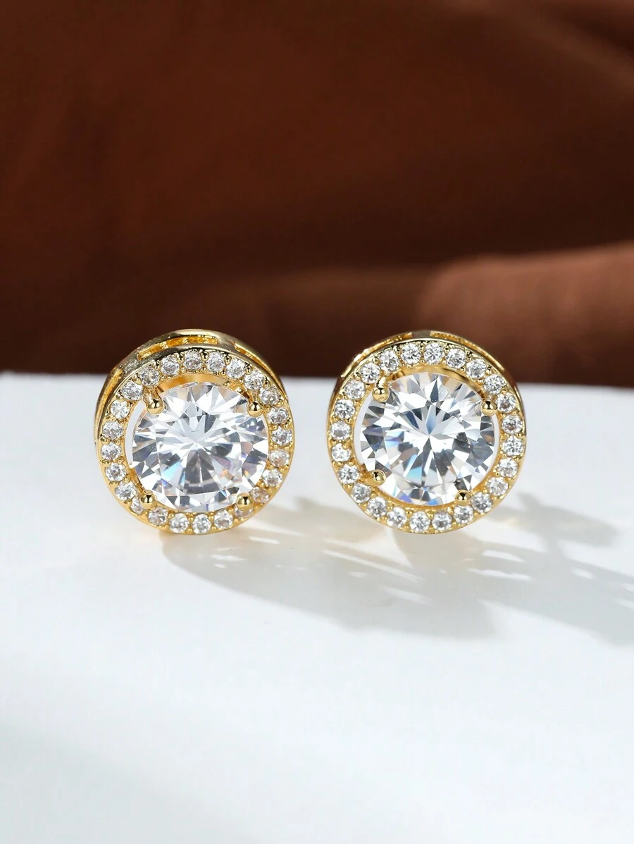 Vanel 1對經典圓形半成品白色鋯石耳環,適用於女性奢華時尚珠寶（銅質材料較軟,耳針可手動拉直） - 金黃色 - 查看 1