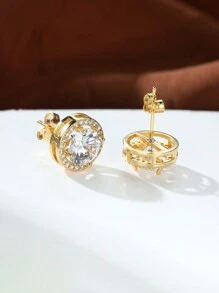 Vanel 1對經典圓形半成品白色鋯石耳環,適用於女性奢華時尚珠寶（銅質材料較軟,耳針可手動拉直） - 金黃色 - 查看 2