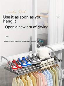 Estante de secado de ropa de balcón Estantería de secado de ropa retráctil para el hogar Colgador de ropa de barandilla de ventana Estante de zapatos y ropa al aire libre - Negro - Ver 5