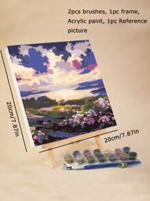 Adult Beginner Digital Oil Painting, 20"X20" / 30"X30" Canvas, Includes 2 Paintbrushes, Acrylic Paints, Floral And Landscape Patterns - Purple - View 3