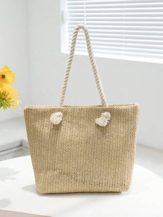 新款流行草編手提包,簡約款女式大容量肩袋