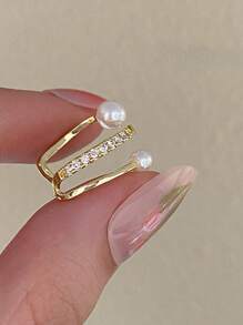 1對s925銀製人造珍珠和立體切割方形氧化鋯石耳夾,優雅多變,適用於日常佩戴婚禮訂婚新娘珠寶 - 金色 - 查看 4