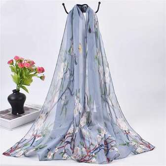 1條新款設計小花卉印花雪紡圍巾,時尚百搭長款圍巾,四季優雅