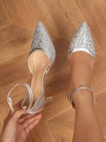 Silver Glitter Ankle Strap Pointed Toe High-heeled Sandals With Hollow Out Design, Spring And Autumn New Style - Silver - View 5