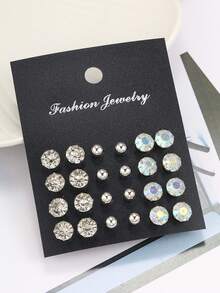 Set De 24 Pares De Aretes De Cristal De Diamante De Imitación Simples Y Brillantes Para Vacaciones Y Uso Diario De Los Hombres - Plateado - Ver 2