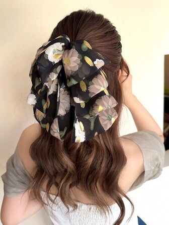 1pc Women's Romantic Floral Bowknot Hair Clip With Gold Foil, Elegant And Sweet Hair Accessory For Large Quantity Hair Valentine's Day Hair Claws Claw Clips Hair Clips Hair Jaw Clip Hair Clamps Hair Clutch Hair Catcher Clip, Bow Accessories, School Stuff, College Fall Winter Flower Hair Accessories For Women For Vacation Outfits Woman