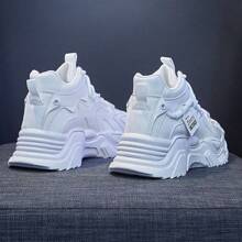 女士秋冬季高筒PU皮粗跟運動鞋，休閒運動鞋 - 白色 - 查看 3