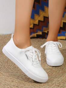 Zapatos Blancos Para Mujeres, Zapatillas Genuino Estilo Británico Con Cordones Blancos Puros, Punta Redonda, Corte Bajo, Planas, Para Patinar, Zapatos Blancos Antideslizantes Y Transpirables De Moda Para Estudiantes - Blanco - Ver 5
