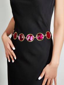 1pc Pink Round Rhinestone Waist Chain For Women, Match With Long Skirt - Pink - View 1