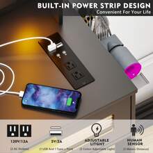 Lvifur LED Makeup Vanity Table with Charging Station,Vanity with AC Outlets & USB & Type-C Ports,4 Drawers,Hair Dryer Rack,Make Vanity Desk with 3 Color Light Bulbs Mirror via Touch Screen
