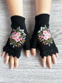 Boho風格1對女式復古鉤邊刺繡小花半指針織手套，適用於秋冬季節 - 黑色 - 查看 1