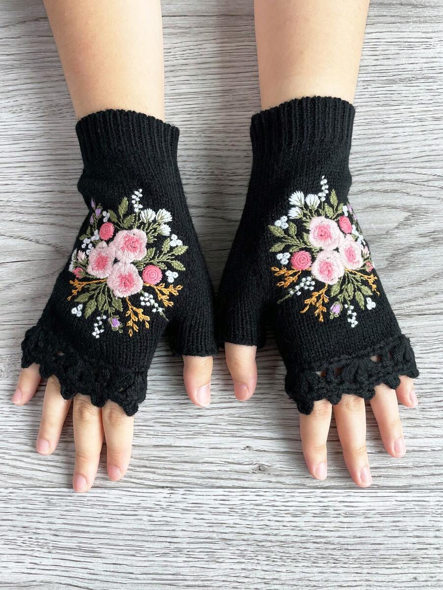 Boho風格1對女式復古鉤邊刺繡小花半指針織手套，適用於秋冬季節 - 黑色 - 查看 1