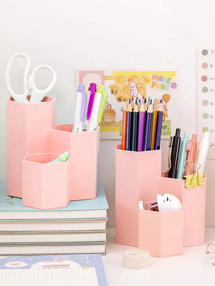 1入組卡通書桌文具收納六邊形多功能學生筆筒迷人的三線格收納盒 - 粉色 - 查看 1