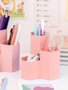 1入組卡通書桌文具收納六邊形多功能學生筆筒迷人的三線格收納盒 - 粉色 - 查看 2