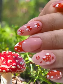 Uñas Postizas De Forma De Almendra De Longitud Media Con Diseño En Punta Francesa, Diseño De Corazón Y Seta, Uñas Acrílicas Lindas Con Acabado Brillante Para Cubrir La Uña Completa, Para Mujeres Y Niñas, Para Hacerse La Manicura En El Nuevo Año - Multicolor - Ver 1