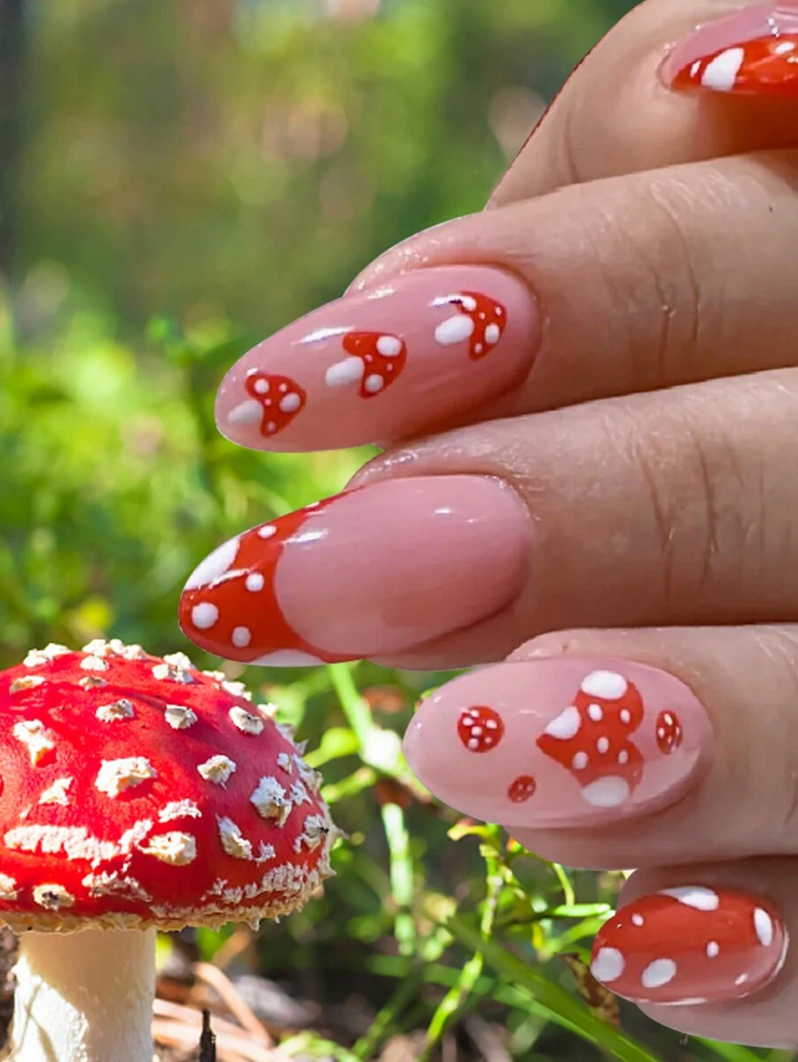 Uñas Postizas De Forma De Almendra De Longitud Media Con Diseño En Punta Francesa, Diseño De Corazón Y Seta, Uñas Acrílicas Lindas Con Acabado Brillante Para Cubrir La Uña Completa, Para Mujeres Y Niñas, Para Hacerse La Manicura En El Nuevo Año - Multicolor - Ver 1