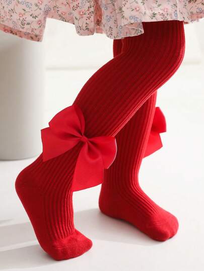 Dziewczęce czerwone legginsy z kokardą, na każdą porę roku, na Boże Narodzenie, 1 szt.