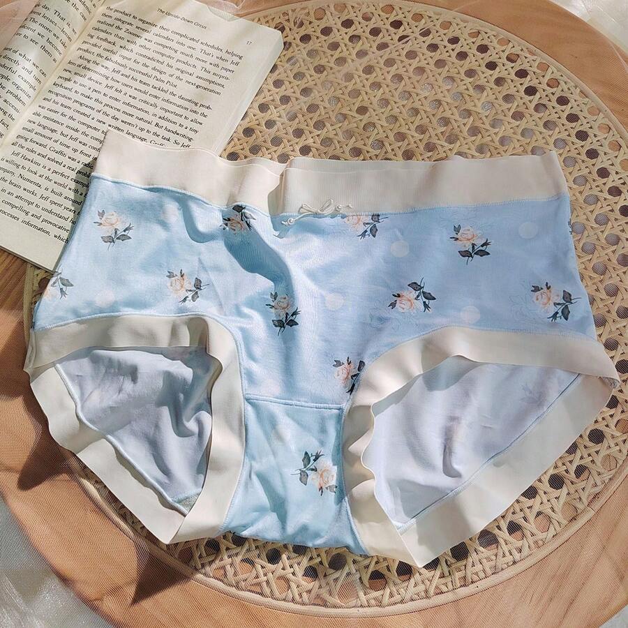 1pc Women's Floral Print Breathable Seamless Mid-rise Brief For Summer ...