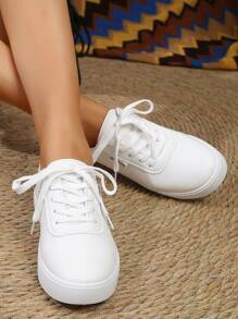 Zapatos Blancos Para Mujeres, Zapatillas Genuino Estilo Británico Con Cordones Blancos Puros, Punta Redonda, Corte Bajo, Planas, Para Patinar, Zapatos Blancos Antideslizantes Y Transpirables De Moda Para Estudiantes - Blanco - Ver 3