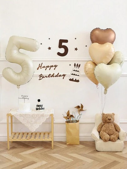 Vintage Creamy Heart & Number Shaped Balloons Set For 1-9 Year-Old Birthday Party Decoration, 10pcs/Set